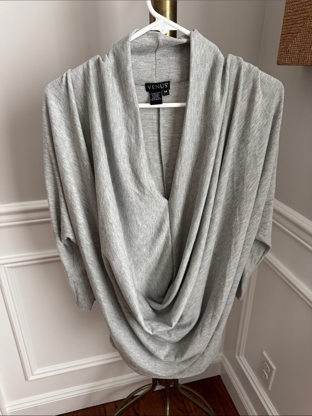 VENUS Light Gray Cowl Neck Draped Sweater